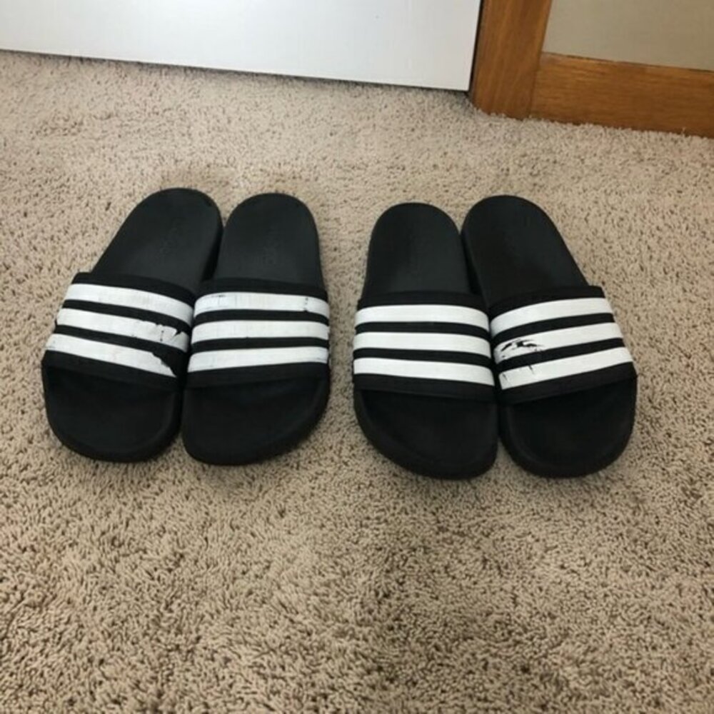 Adidas men’s size 8 Black and White Slide Sandals 2 pairs